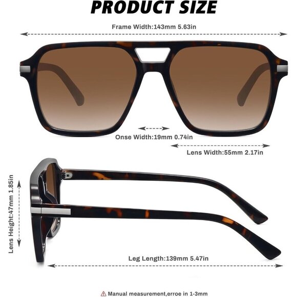 ?Women Brown Retro Trendy Classic Square Vintage Shade Double Bridge Sunglasses